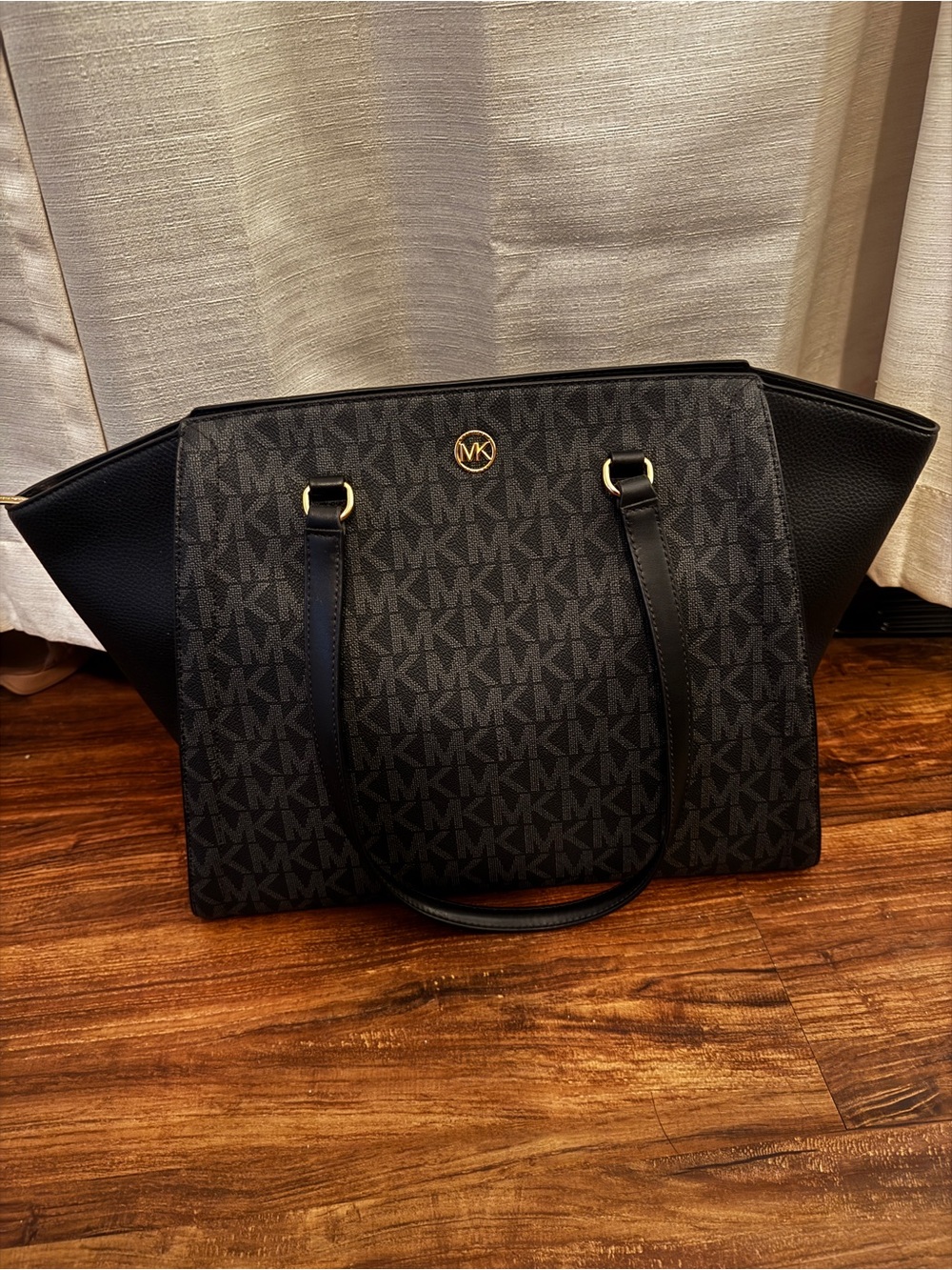 Michael Kors Black MK Logo Winged Tote with Gold-Tone Hardware